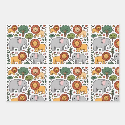 Patterned design featuring elephants, lions. inpakpapier vel (Voorkant)