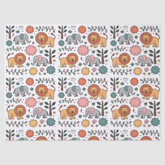 Patterned design with playful lions, elephants tissuepapier (Voorkant)