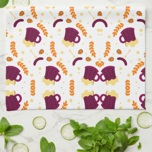 Patterned design with purple cats, yellow fish  theedoek (Gevouwen)