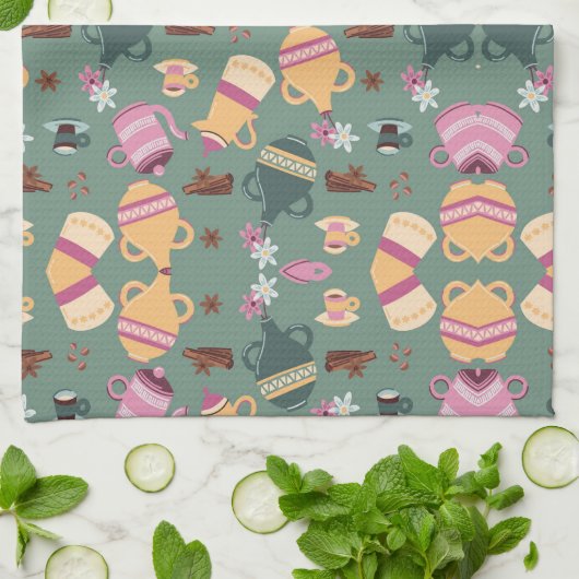 Patterned fabric featuring colorful teapots, cups, theedoek (Gevouwen)