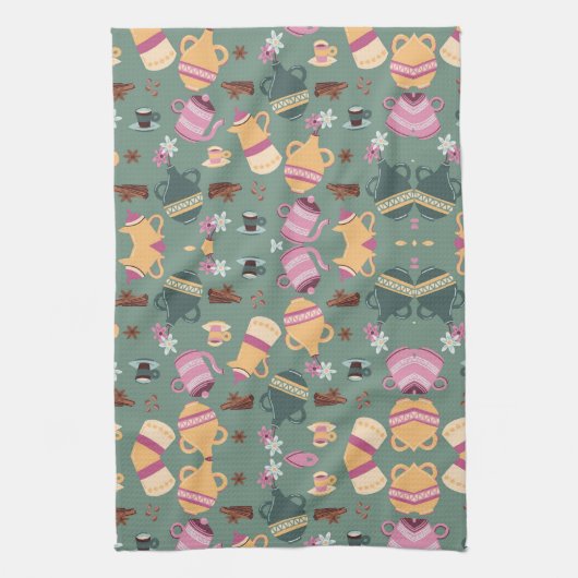 Patterned fabric featuring colorful teapots, cups, theedoek (Verticaal)