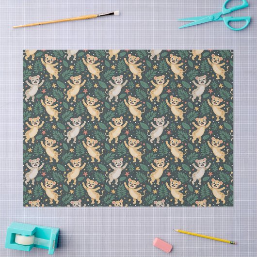 Patterned fabric featuring playful cartoon lion  tissuepapier