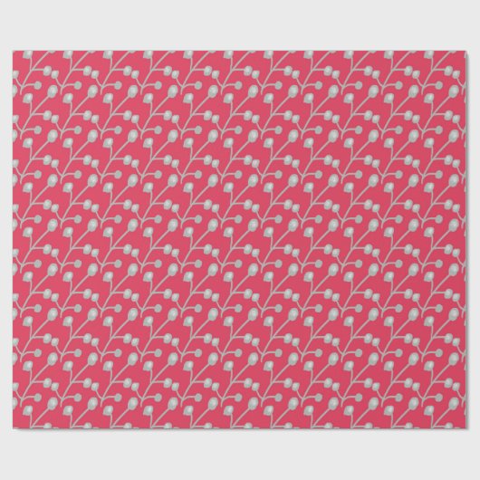 Patterned Silver-Grey Foliage on Bright Pink Red Cadeaupapier (Vlak)