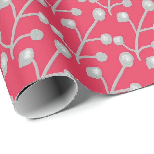 Patterned Silver-Grey Foliage on Bright Pink Red Cadeaupapier (Rol Hoek)