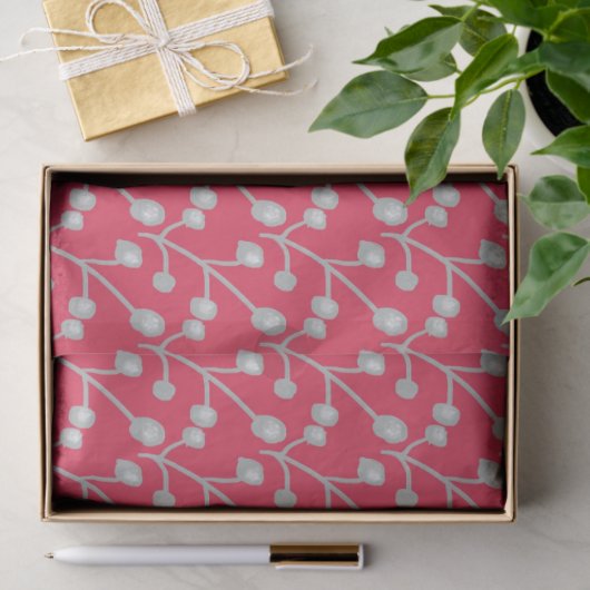 Patterned Silver-Grey Foliage on Bright Pink Red Tissuepapier (Geschenk)
