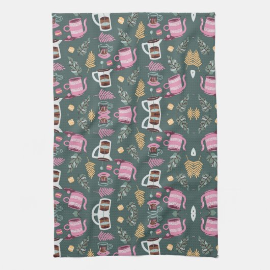 Patterned textiles with pink teapots theedoek (Verticaal)