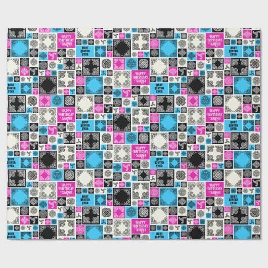 Patterned Tiles Birthday Add The Text Black White Cadeaupapier (Vlak)