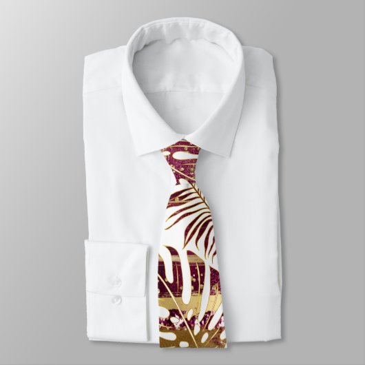 Patterned tropical leaves burgundy and gold stropdas (Gebonden)