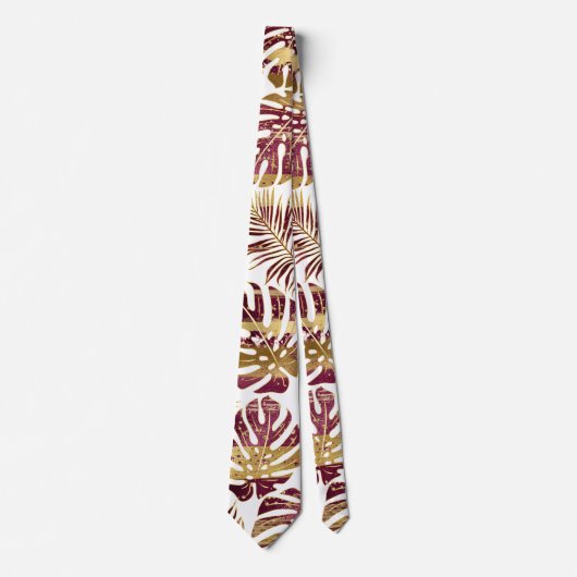 Patterned tropical leaves burgundy and gold stropdas (Voorkant)