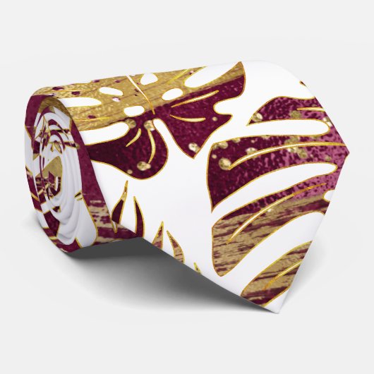 Patterned tropical leaves burgundy and gold stropdas (Opgerold)