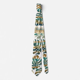 Patterned tropical leaves teal and gold stropdas