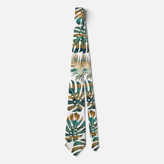 Patterned tropical leaves teal and gold stropdas (Voorkant)