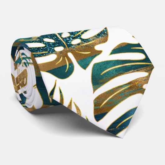 Patterned tropical leaves teal and gold stropdas (Opgerold)