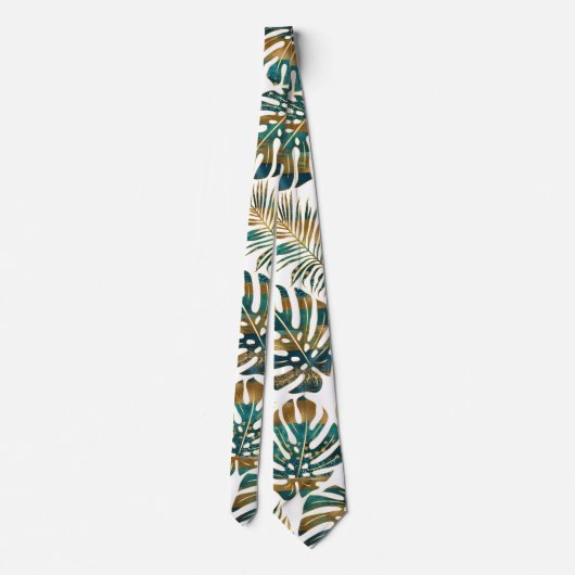 Patterned tropical leaves teal and gold stropdas (Achterkant)