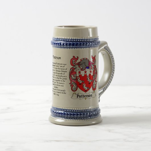 Patterson Family Crest Ceramic Stein Bierpul (Voorkant rechts)