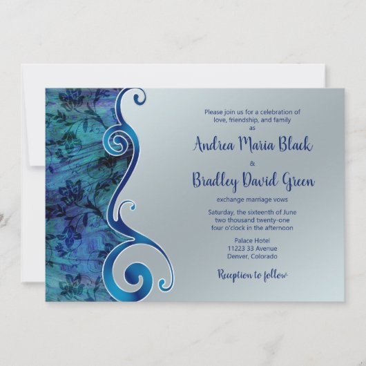 Paua Blue Silver Floral Scroll Wedding Kaart (Voorkant)