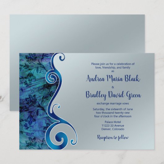 Paua Blue Silver Floral Scroll Wedding Kaart (Voorkant / Achterkant)