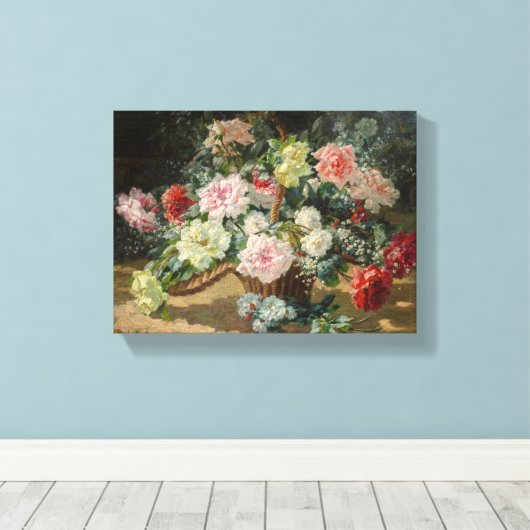 Paul Biva  een mandje Rozen Canvas Afdruk (Insitu (Houten vloer))