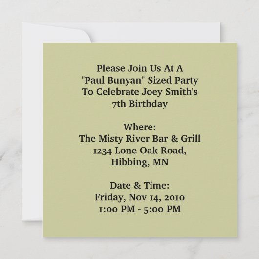 PAUL BUNYAN Giant Logging Bossen Party nodiging ui Kaart (Achterkant)