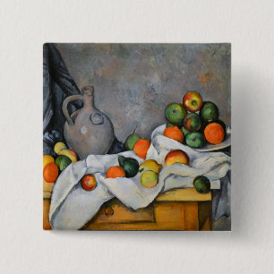 Paul Cezanne - Gordijn, kan en fruitschaal Vierkante Button 5,1 Cm