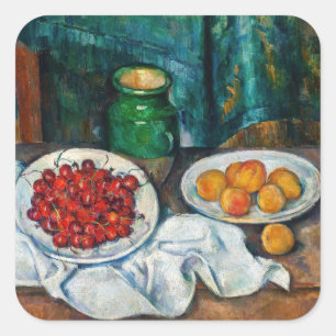 Paul Cezanne - Stilleven met kersen en perziken Vierkante Sticker