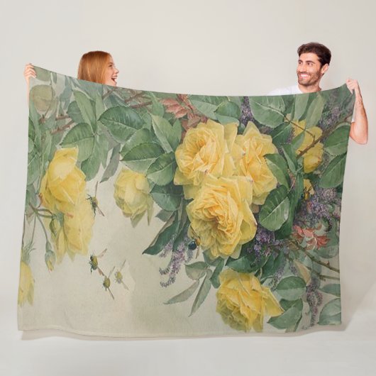 Paul De Longpre Yellow Roses Bumble bijen F Fleece Deken (In situ)
