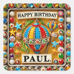 PAUL ~ GELUKKIGE VERJAARDAG ~ Luchtballon ~ Vierkante Sticker