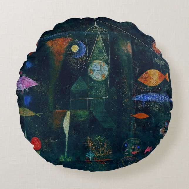 Paul Klee Fish Magic Abstract schilderen Grafisch  Rond Kussen (Voorkant)