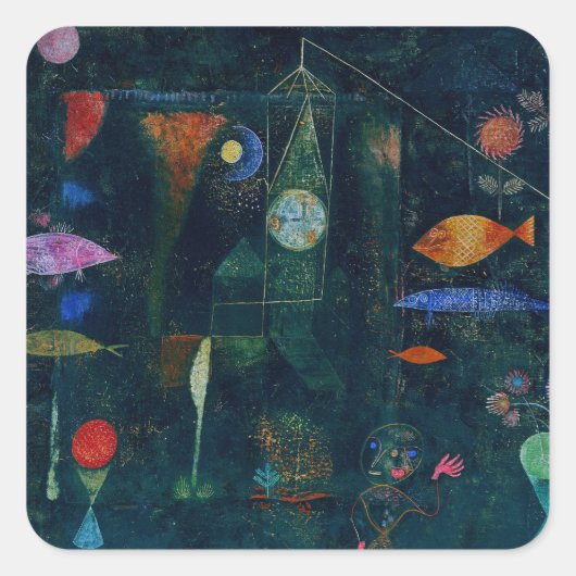 Paul Klee Fish Magic Abstracte Schilderkunst Grafi Vierkante Sticker (Voorkant)