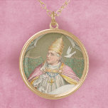Paus St. Gregory the Great (M 067) Goud Vergulden Ketting<br><div class="desc">Op 3 september 590 werd een vijftigjarige benedictijner monnik met algemene instemming tot 64e paus gekozen. Hij zou bekend worden als Paus Gregorius de Grote (540-12 maart 604). Hier wordt St. Gregorius getoond met formele pauselijke regalia - een gouden drievoudige kroontiara, een uitgebreid borstkruis en een paars roze 'mantum' of...</div>