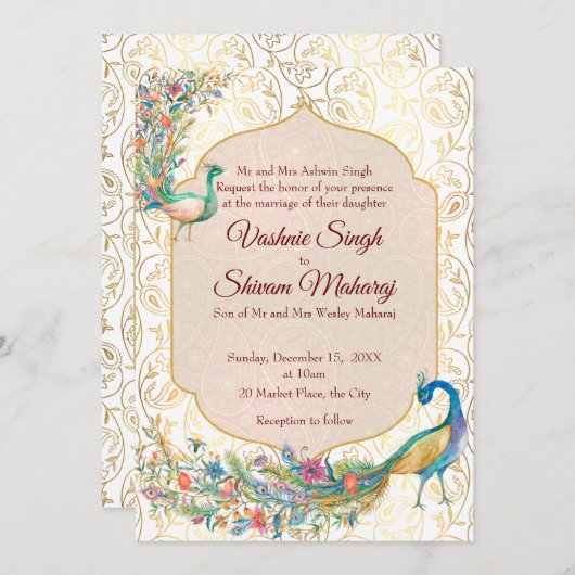 Pauw Arabisch patroon Indiase trouwkaart Aankondiging (Voorkant / Achterkant)