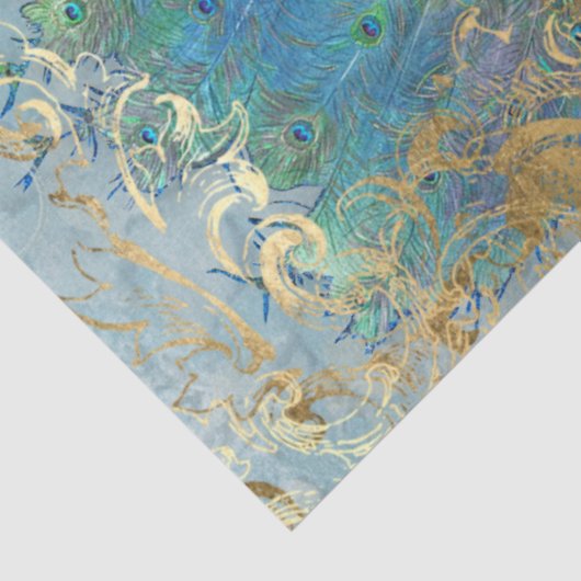 Pauw Blauw Blauwgroen Goud Rococo Scroll Feathers Tissuepapier (Detail)