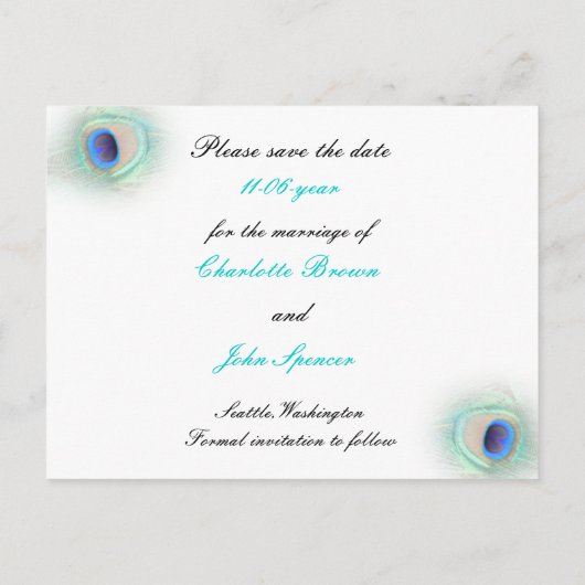 pauw blauw Save the Date Aankondigingskaart (Achterkant)