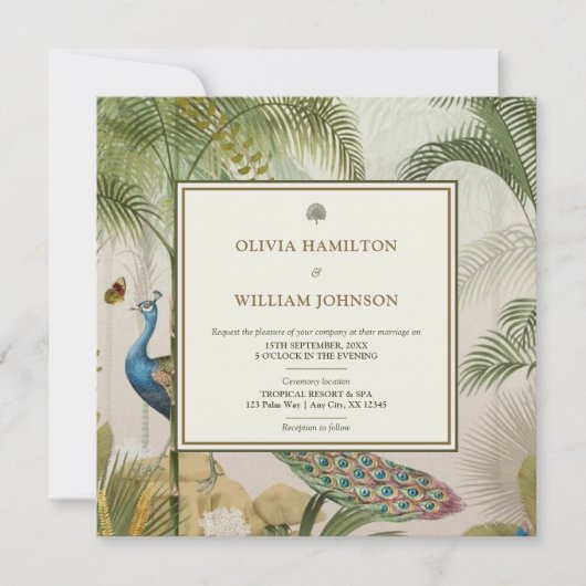 Pauw Blauw Vierkant Tropische Pauw Palm bruiloft Kaart (Voorkant)