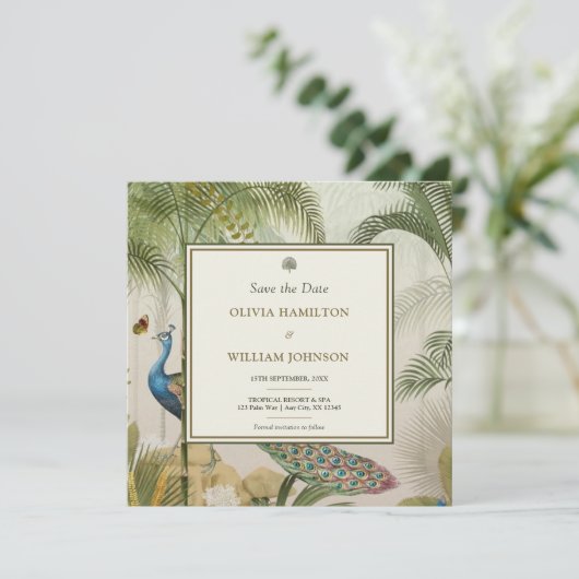 Pauw Blauw Vierkant Tropische Pauw Palm Save The Date (Staand voorkant)