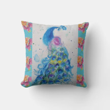 Pauw Blauwe Vogel Waterverf Aqua Roze Kussen