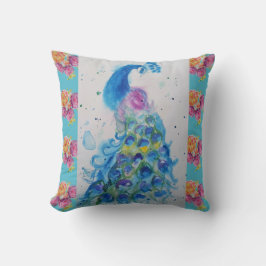 Pauw Blauwe Vogel Waterverf Aqua Roze Kussen