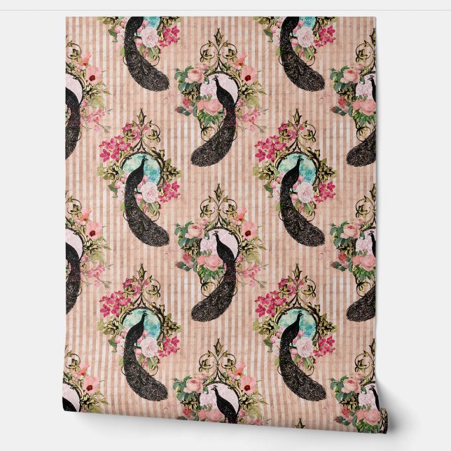  pauw bloemengestreept roze blauw zwart goud behang (Afrollen)