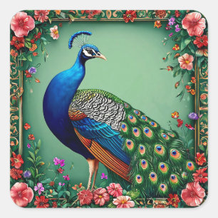 Pauw Bloemensticker Elegante Vogel Kunst Cadeau Vierkante Sticker