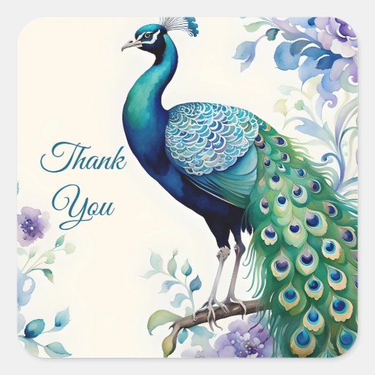 Pauw bloemige waterverf Dank u Vierkante Sticker (Voorkant)