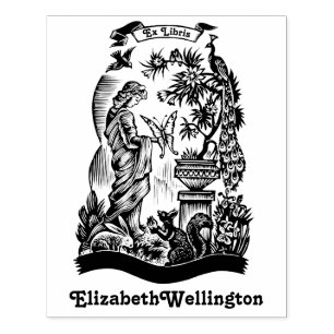 Pauw, Dame, Vlinder, Konijn Ex Libris Boek Rubberstempel