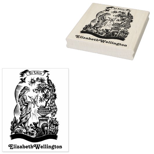 Pauw, Dame, Vlinder, Konijn Ex Libris Boek Rubberstempel (Gestempeld)