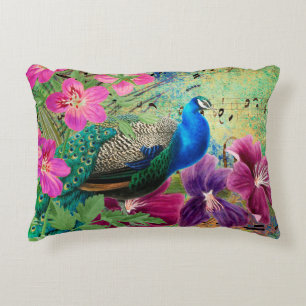 Pauw Elegant Blauw Roze Bloemen Groen Accent Kussen
