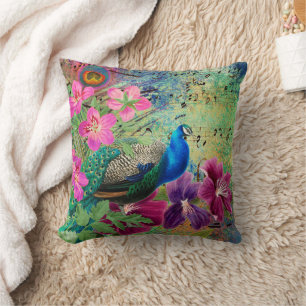 Pauw Elegant Blauw Roze Bloemen Groen Kussen