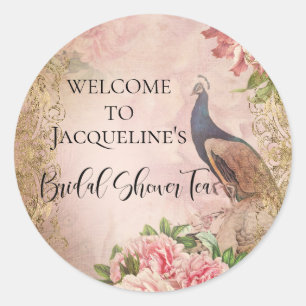 Pauw Elegante Pioenroze Bruiloftsdouche Ronde Sticker