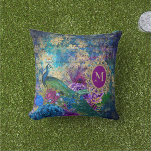 Pauw Elegante Vintage Paarse Turquoise Gouden Mono Buitenkussen