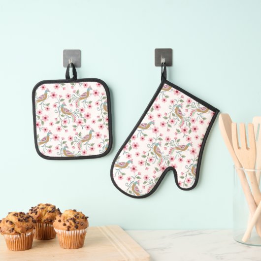 Pauw en bloemen ovenwant & pannenlap set (Insitu(Ophanging))