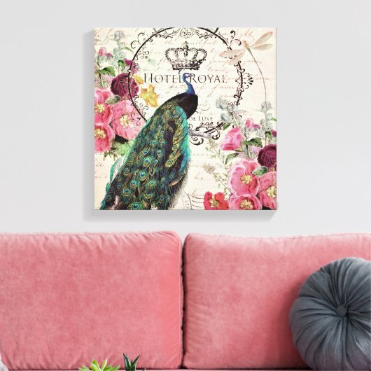 Pauw en lentebloemen canvas afdruk (Insitu (Woonkamer))