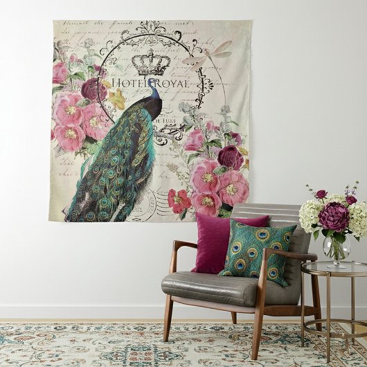 Pauw en lentebloemen wandkleed