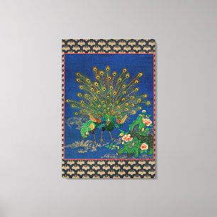 Pauw en Pauwhen, Japanse illustratie, Canvas Afdruk